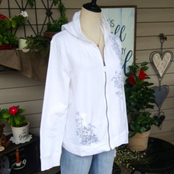 SONOMA ♡ White|Blue|Gray Embroidered|Embellished L|S Hoodie Jacket w/Pockets LP - Picture 4 of 16